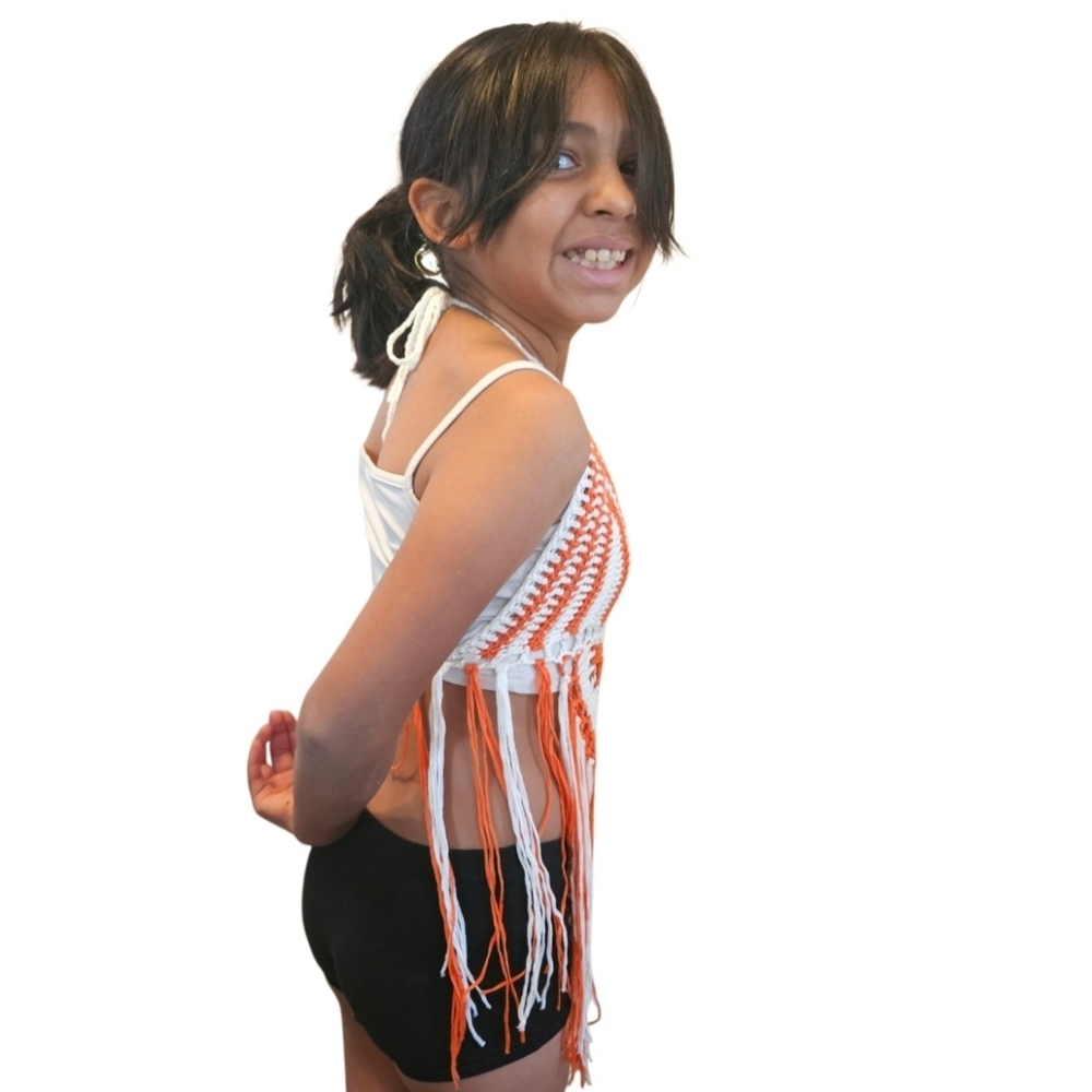 Hand Crafted Crochet Orange White Crop Top Fringe Summer - Picture 14 of 17